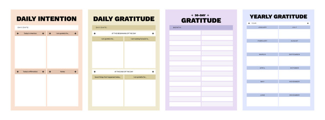 Set of printable vector manifestation and gratitude planner template for journaling