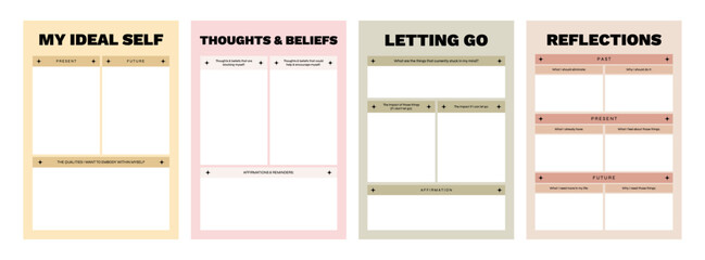 Set of printable vector manifestation and gratitude planner template for journaling - obrazy, fototapety, plakaty