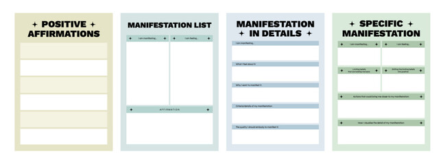Set of printable vector manifestation and gratitude planner template for journaling