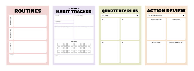 Printable Planner Template Collection with Habit Tracker, Quarterly Planner, Routines, and Review - obrazy, fototapety, plakaty