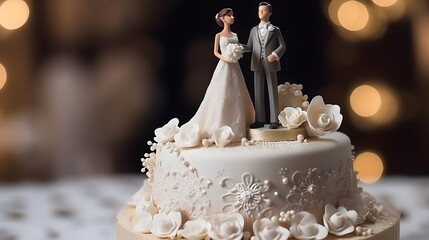Wedding cake with figurines of the bride and groom