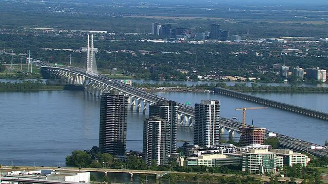 Champlain Cable Bridge over Saint Lawrence River in Brossard, Quebec, Aerial