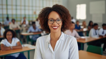 Portrait of a smiling female African American teacher in a class at school looking at camera with learning students on background - obrazy, fototapety, plakaty