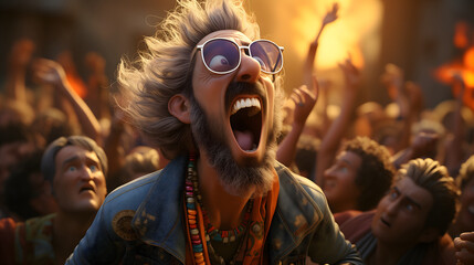 Hippie man with glasses and beard with ecstatic shouting at a vibrant music festival or concert audience