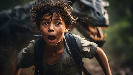 Naklejka premium Terrified boy in a thrilling escape from a dinosaur in a dramatic adventure