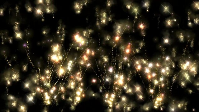 Colourful fireworks. Abstract background of moving shimmering coloured particles. Shimmering  particles with Bokeh. New year and christmas 2024 background. Noise. Seamless 4K looping video animation