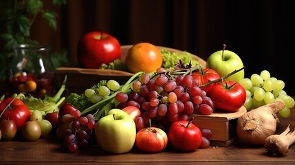 Naklejka na ściany i meble Thanksgiving still life. Vegetable autumn fruits, apples on a wooden table