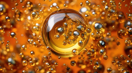 Golden honey or cosmetic gel serum with bubbles background texture top view. Generative AI.
