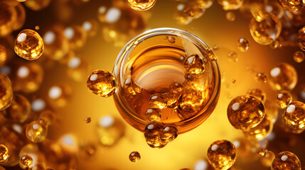 Golden honey or cosmetic gel serum with bubbles background texture top view. Generative AI.