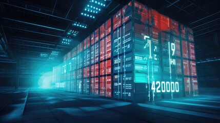 The concept of modern accounting and warehousing of containers in large storage areas. Digital neon illumination of storage bins, their numbers and names of packaged goods with delivery addresses