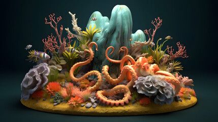 Image for 3d floor. Underwater world. Octopus. corals. Generative AI.