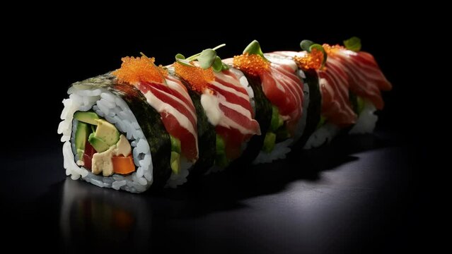 A close-up view of beautiful sushi maki, arranged with bright-colored ingredients shining in the setting sun. Horizontal video.