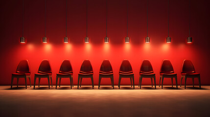 Job interview, recruitment,best,talent concepts.Row of chairs with one odd one out. Job opportunity.Red chair in spotlight.Business leadership. recruitment concept.3D renderingleader, . Generative AI.