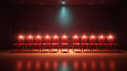 Job interview, recruitment,best,talent concepts.Row of chairs with one odd one out. Job opportunity.Red chair in spotlight.Business leadership. recruitment concept.3D renderingleader, . Generative AI.