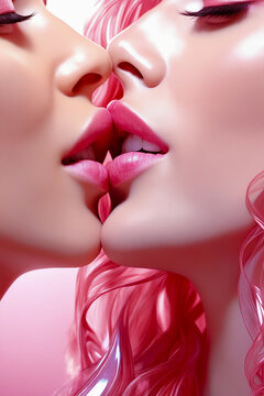 Woman with pink hair and pink lip is kissing man.