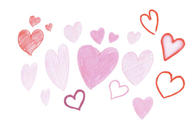 sketched valentines love hearts in pink, purple and red, transparent background