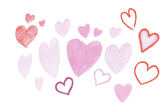 sketched valentines love hearts in pink, purple and red, transparent background