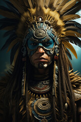 Man with feathered headdress and helmet.
