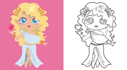 Colouring cute Greek goddess cartoon character. Coloring Aphrodite the goddess of love and beauty. Simple coloring page for kids. Fun activity for kids. Educational printable coloring worksheet. 