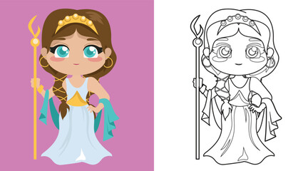 Colouring cute Greek goddess cartoon character. Coloring Hera the goddess of marriage. Simple coloring page for kids. Fun activity for kids. Educational printable coloring worksheet. Vector.