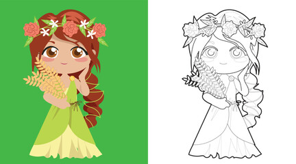 Colouring cute Greek goddess cartoon character. Coloring Demeter goddess agriculture and harvest. Simple coloring page for kids. Fun activity for kids. Educational printable coloring worksheet. Vector