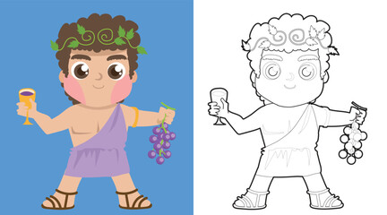 Colouring cute Greek gods cartoon character. Coloring Dionysus the god of wine (fruitfulness). Simple coloring page for kids. Fun activity for kids. Educational printable coloring worksheet. Vector.