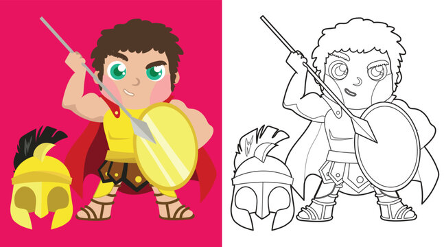 Colouring cute Greek gods cartoon character. Coloring Ares the god of war and courage. Simple coloring page for kids. Fun activity for kids. Educational printable coloring worksheet. Vector.
