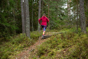 Obraz premium Athletic middle-aged woman running along a path in a nature park in the forest in Finland