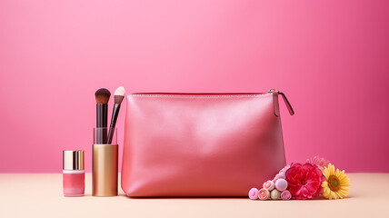 Shiny cosmetic bag with cosmetics