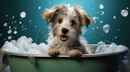Puppy, bath and bubbly bliss for adorable cleanliness and joyful pampering. Wet fur, playful bubbles and gentle care. This scene is perfect for pet grooming services, care blogs and heartwarming visu