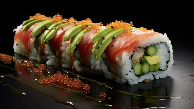 An exquisite detailed view of a maki roll, featuring bright ingredients that sparkle under the evening sunlight. The video used has a horizontal orientation.