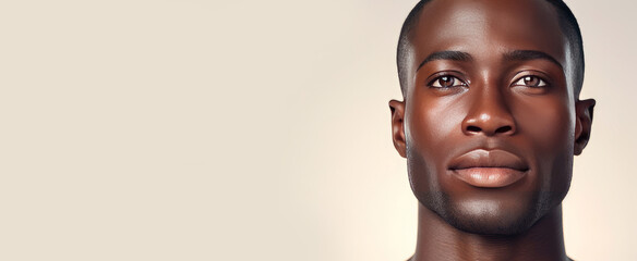 Portrait of a handsome elegant sexy African man with dark and perfect skin, on a gray beige background. - obrazy, fototapety, plakaty