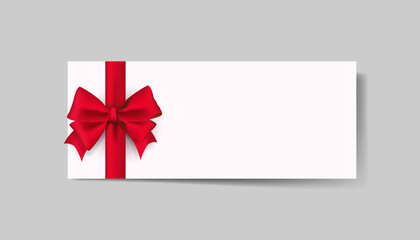 Blank white gift voucher with red ribbon bow or empty gift signboard isolated on grey background with shadow minimal conceptual