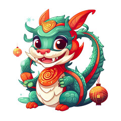cute Chinese dragon Christmas and Lunar New Year theme, white isolated background PNG, cartoon style, animal designations