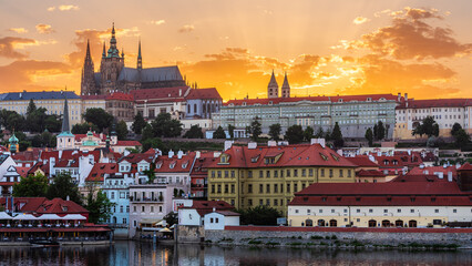 The setting sun right behind the UNESCO world heritage site Prague castle on the summer solstice...