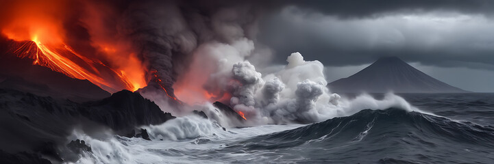 A volcanic eruption under dark, ominous skies sends flames, smoke, and ash rising as massive waves crash against the ocean's foamy surface under layers of volcanic fallout.