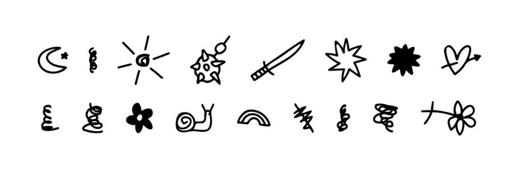 Various tattoo sketch doodle. Hand drawn ink cartoon sribbles in ignorant, grunge style. Rough moon, flower, snail, star, snail, sword, heart and morgenshtern. (Full Vector) - obrazy, fototapety, plakaty
