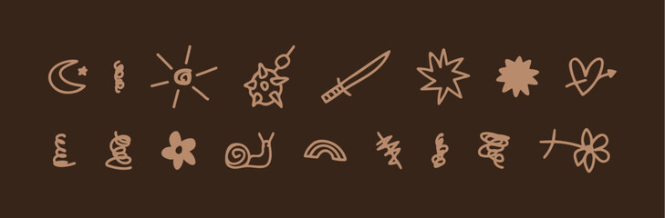 Various tattoo sketch doodle. Hand drawn ink cartoon sribbles in ignorant, grunge style. Rough moon, flower, snail, star, snail, sword, heart and morgenshtern in beige, coffee color. (Full Vector) - obrazy, fototapety, plakaty