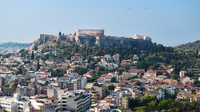 Cityscape with the Parthenon and Acropolis in distance, Athens, Attica, Greece