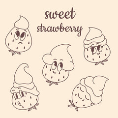 A set of painted strawberries with whipped cream with different emotions