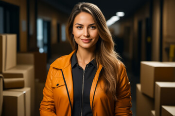 Woman in brown jacket is standing in room.