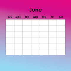 June. Calendar planner. Corporate week. Template layout, 12 months yearly, white background. Simple design for business brochure, flyer, print media, advertisement. Week starts from Monday