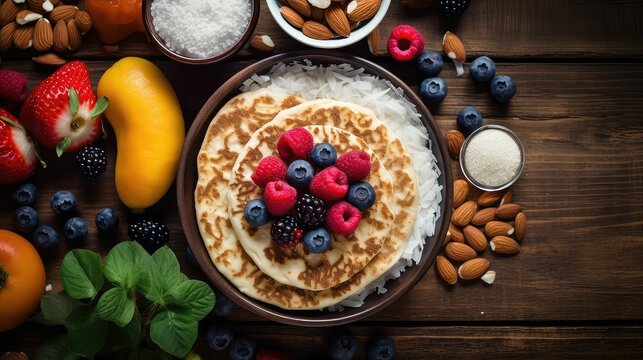 wholegrain healthy pancake food illustration oatmeal blueberry, protein gluten, free low wholegrain healthy pancake food
