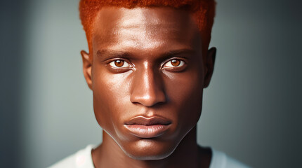 Portrait of an elegant sexy smiling African man with dark and perfect skin and red hair, on a...