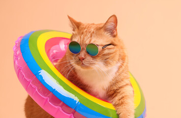 Cute ginger cat in stylish sunglasses with swim ring on beige background
