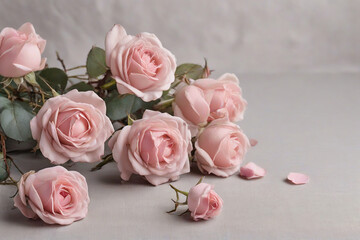 Fototapeta premium Bouquet of pink roses on a white background, copy space