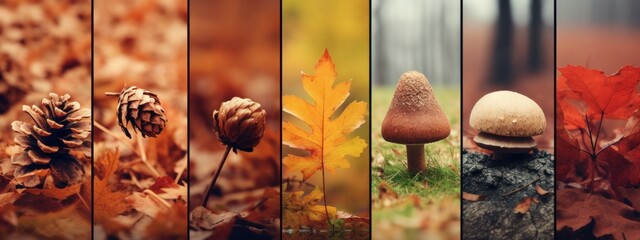 Autumn collage wallpaper of some gorgeous fall nature scenes. Autumn cozy mood. macro, wide panoramic banner