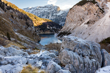 Winter Morning Beauty in Nature of Krn Lake Landscape Wilderness in Slovenian European Alps