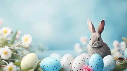 Foto op Aluminium Easter bunny spring card with eggs and flowers on blue background, copy space © Denira
