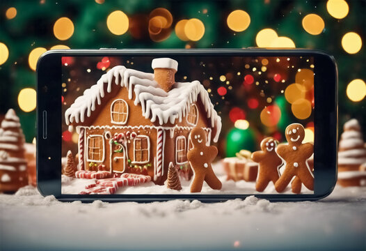 Smartphone con Casa e biscotti di Pan di Zenzero nello Schermo- Celebrazione di Capodanno e Natale